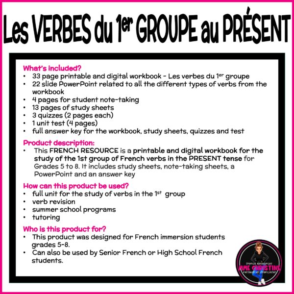 VERBES au PRÉSENT 1er groupe - Cahier d'exercices - Present Tense French Verbs Workbook - Image 3