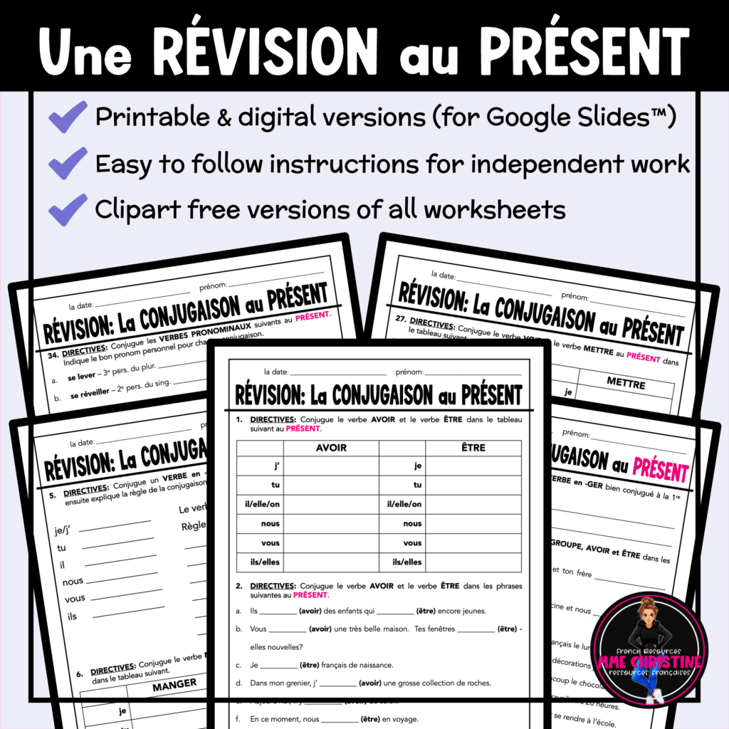 French Present Tense Verbs Review Workbook for Immersion & FSL ...