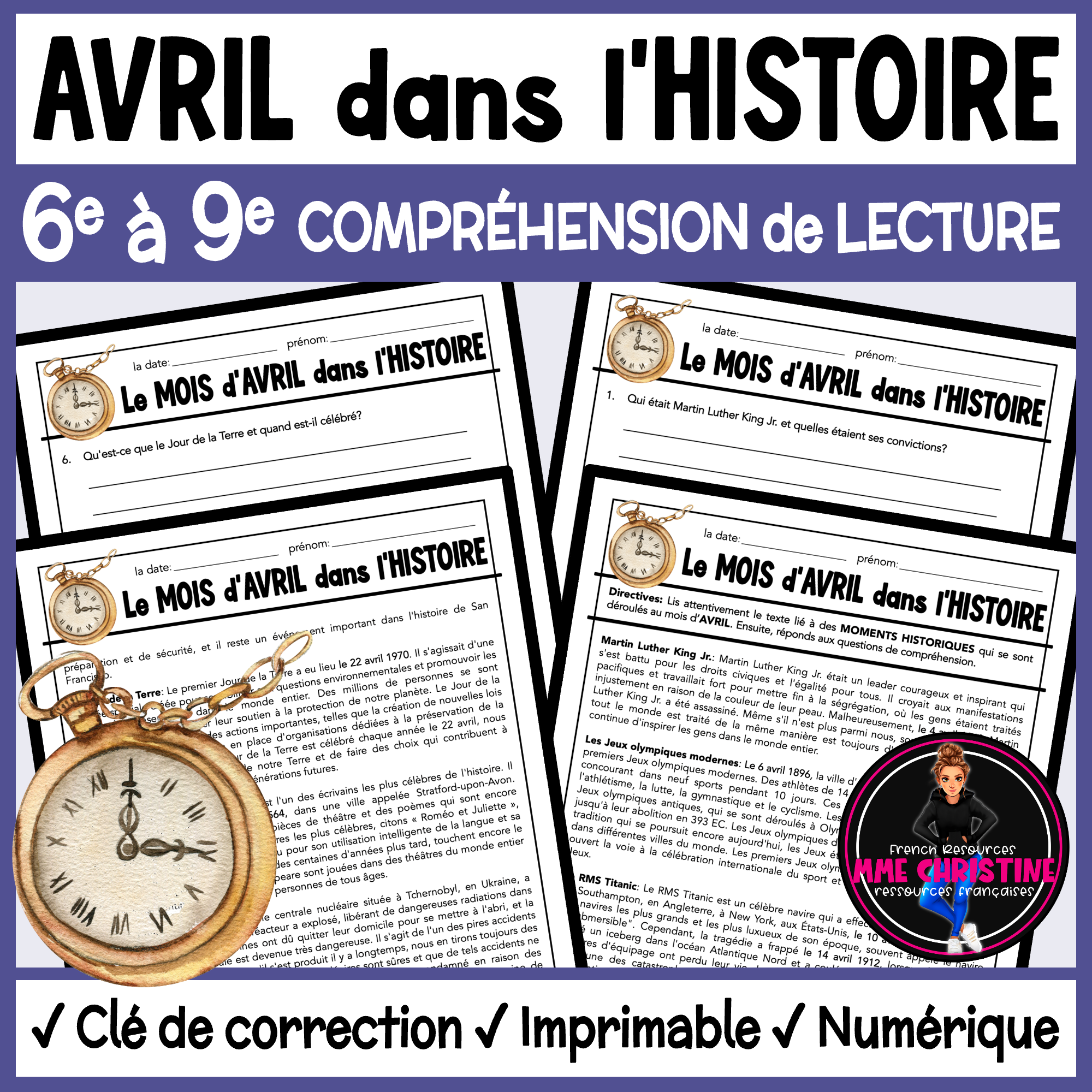 French Reading Comprehension Activity | April in History | Compréhension de lecture | FI & FSL