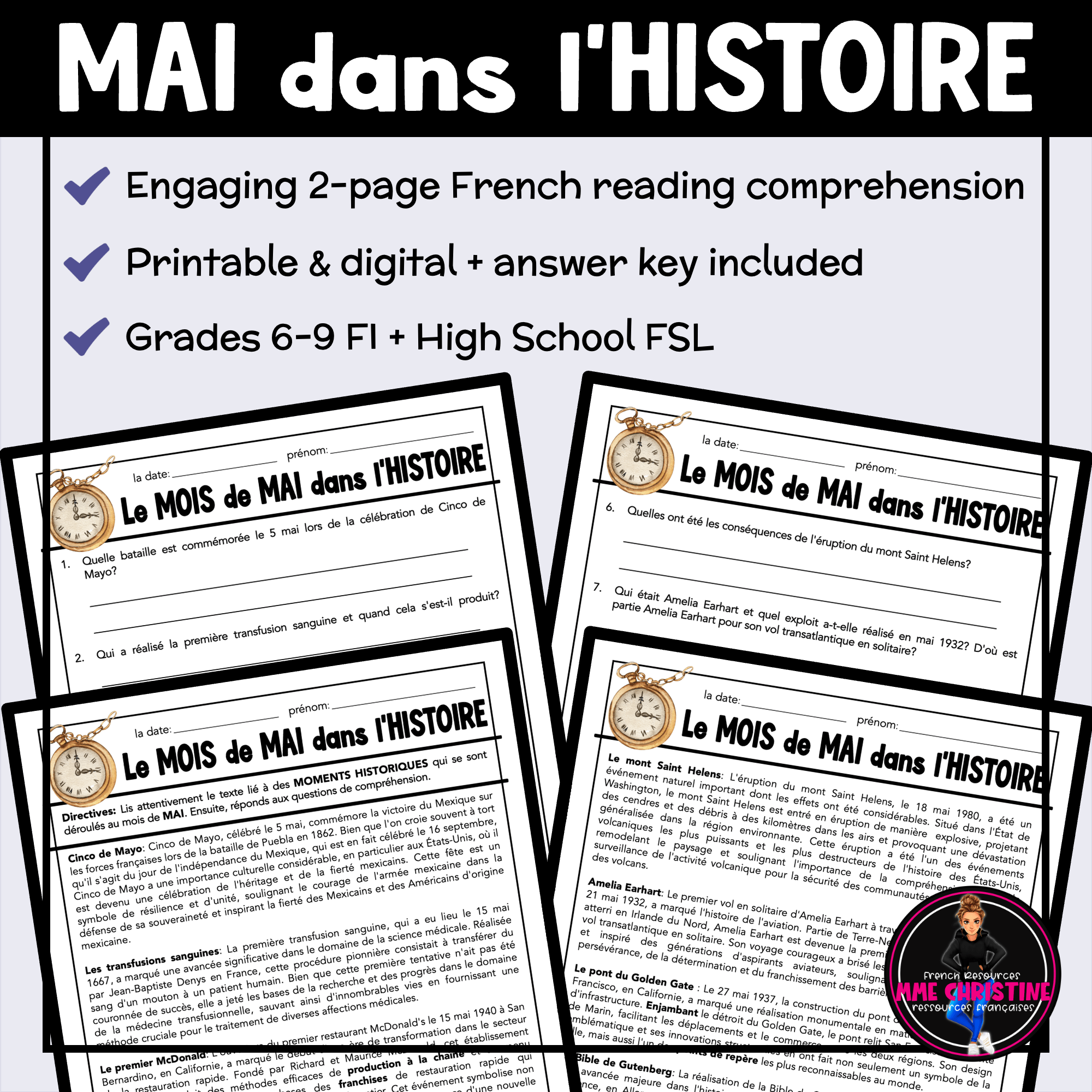 French Reading Comprehension Activity | May in History | Compréhension de lecture | FI & FSL - Image 2