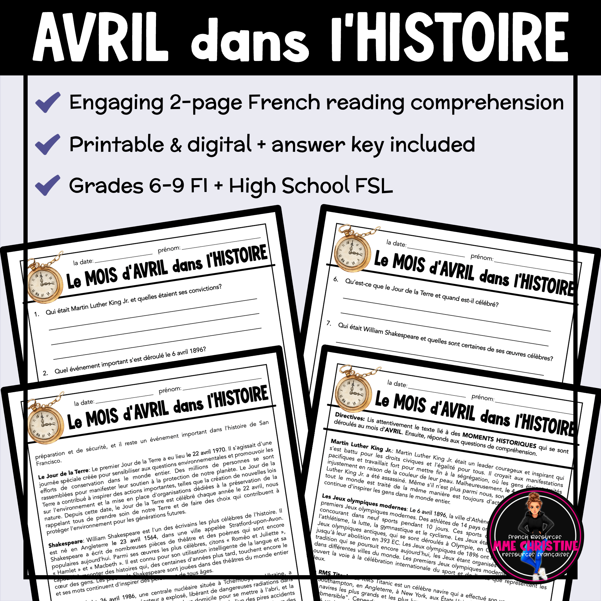 French Reading Comprehension Activity | April in History | Compréhension de lecture | FI & FSL - Image 2