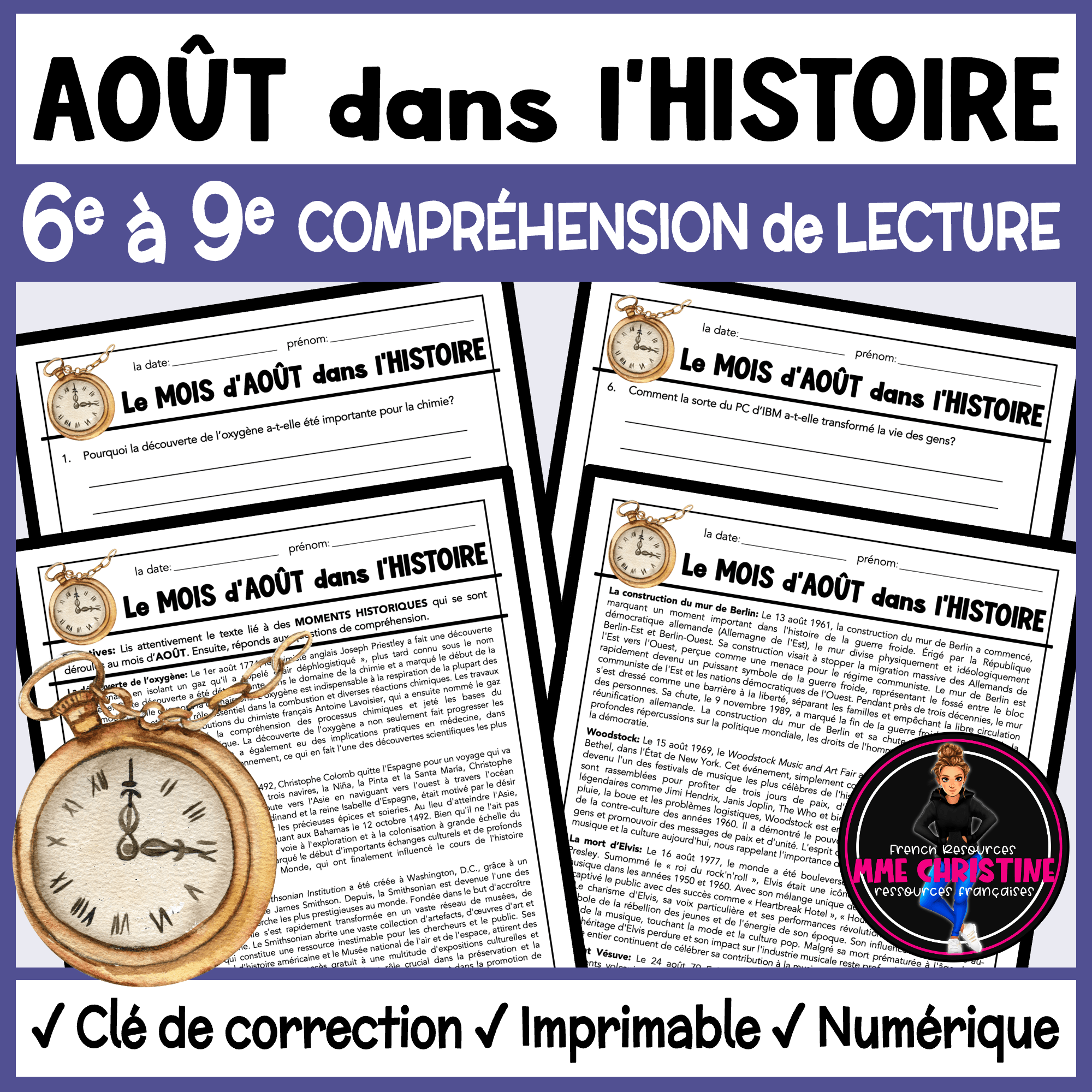 French Reading Comprehension Activity | August in History | Compréhension de lecture | FI & FSL