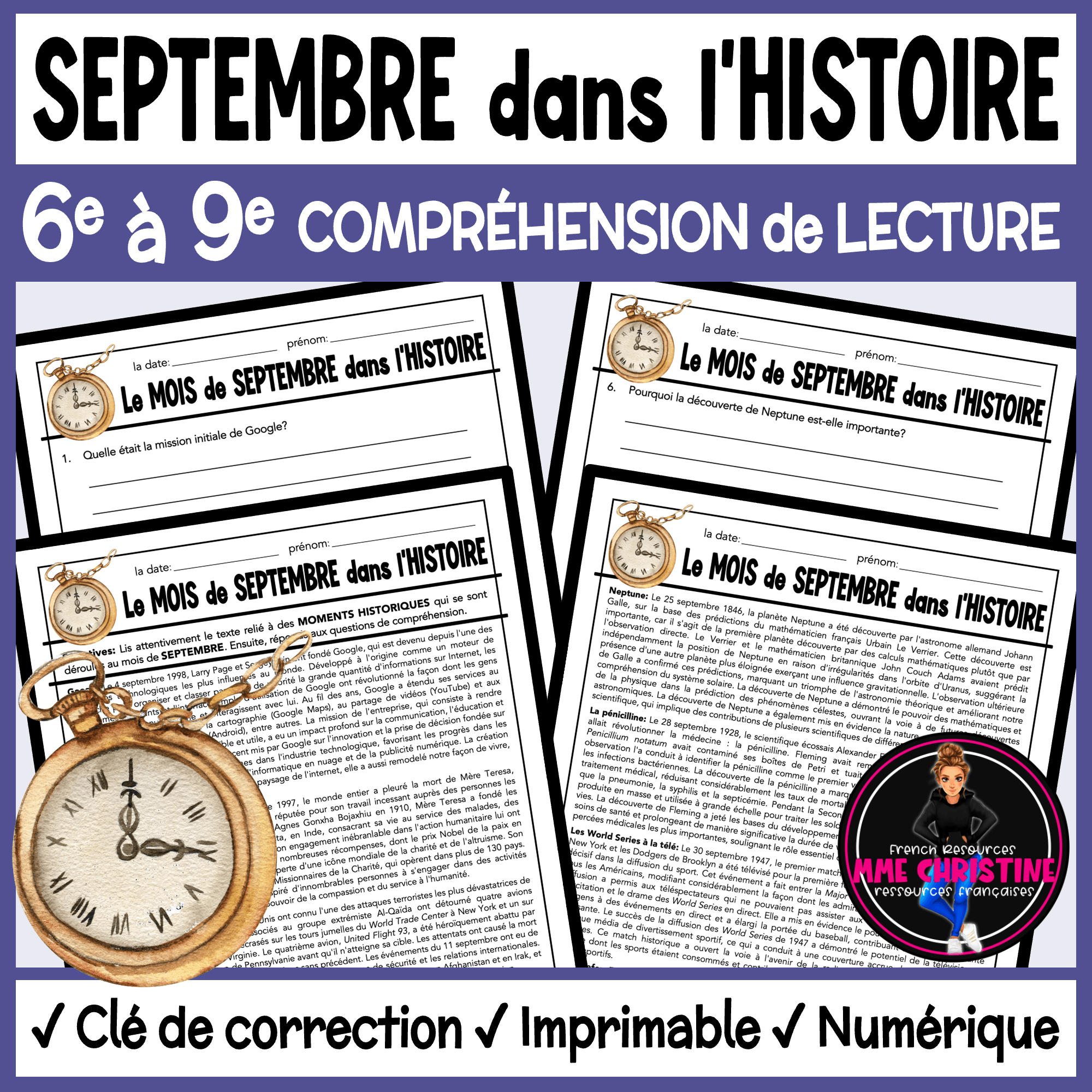 French Reading Comprehension Activity | September in History | Compréhension de lecture | FI & FSL