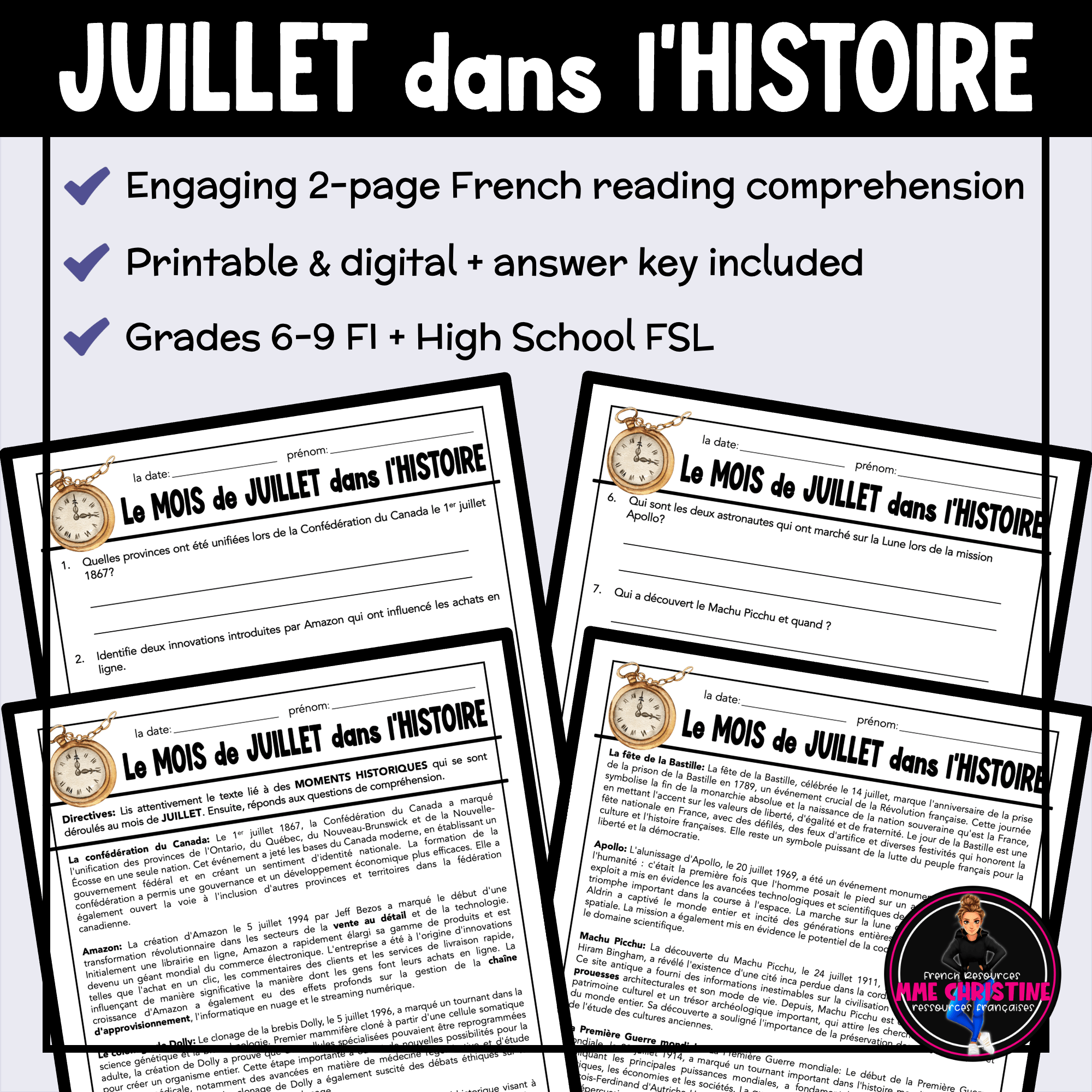 French Reading Comprehension Activity | July in History | Compréhension de lecture | FI & FSL - Image 2