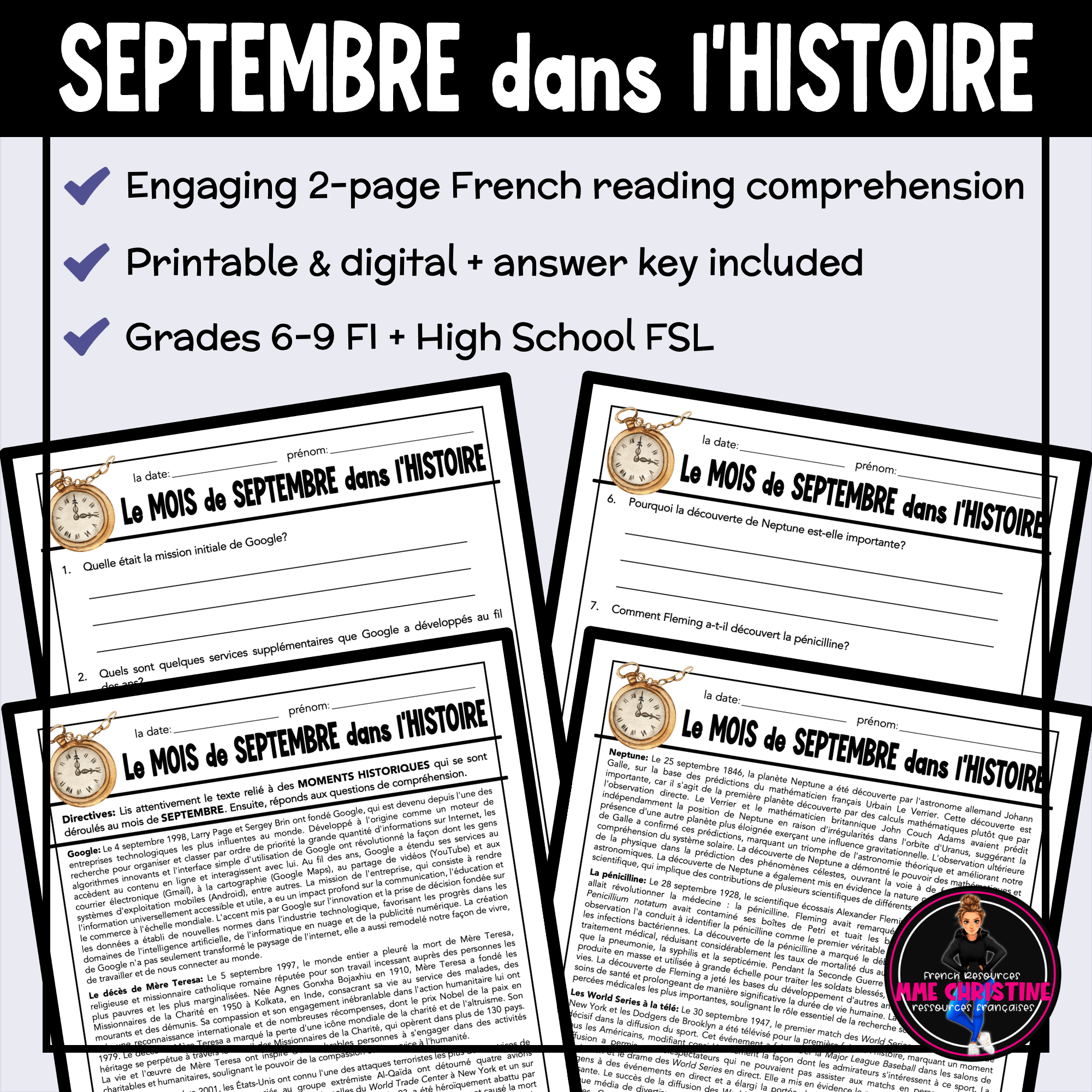 French Reading Comprehension Activity | September in History | Compréhension de lecture | FI & FSL - Image 2