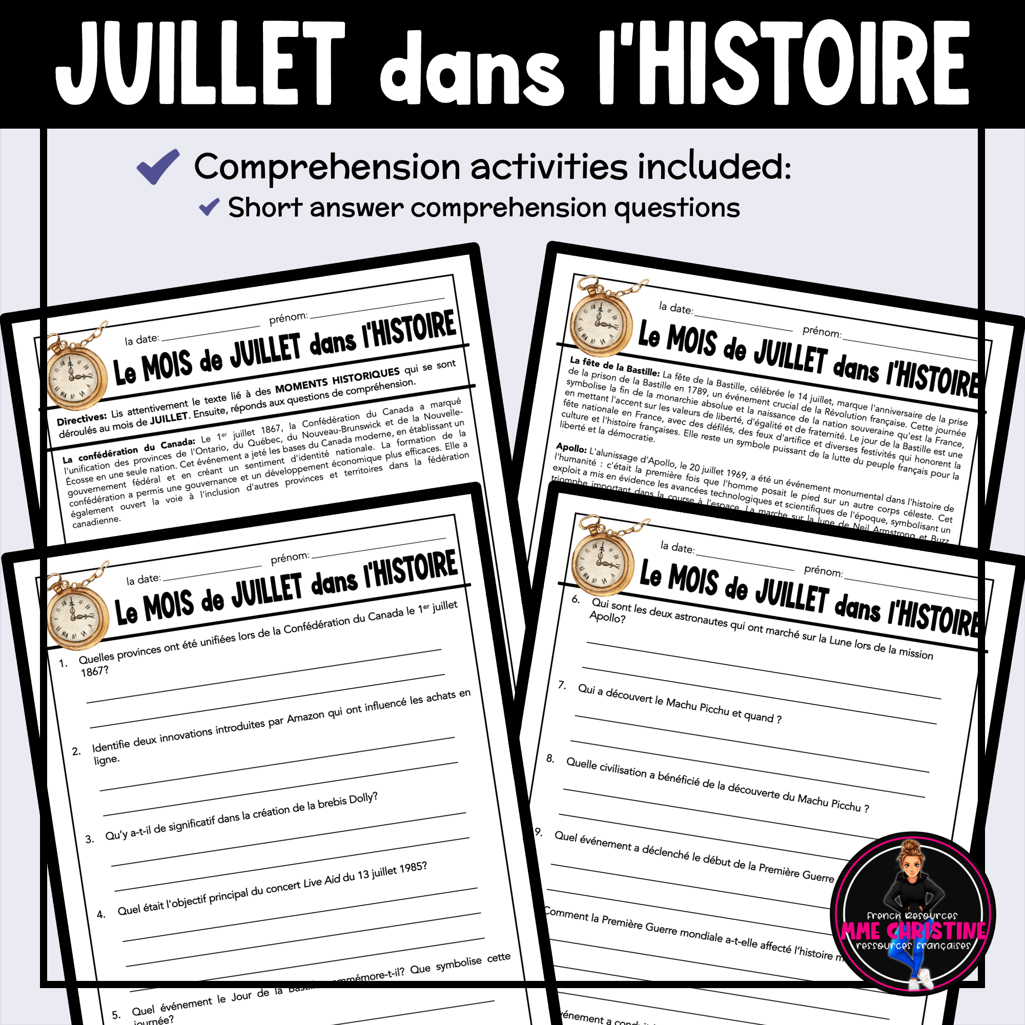 French Reading Comprehension Activity | July in History | Compréhension de lecture | FI & FSL - Image 3