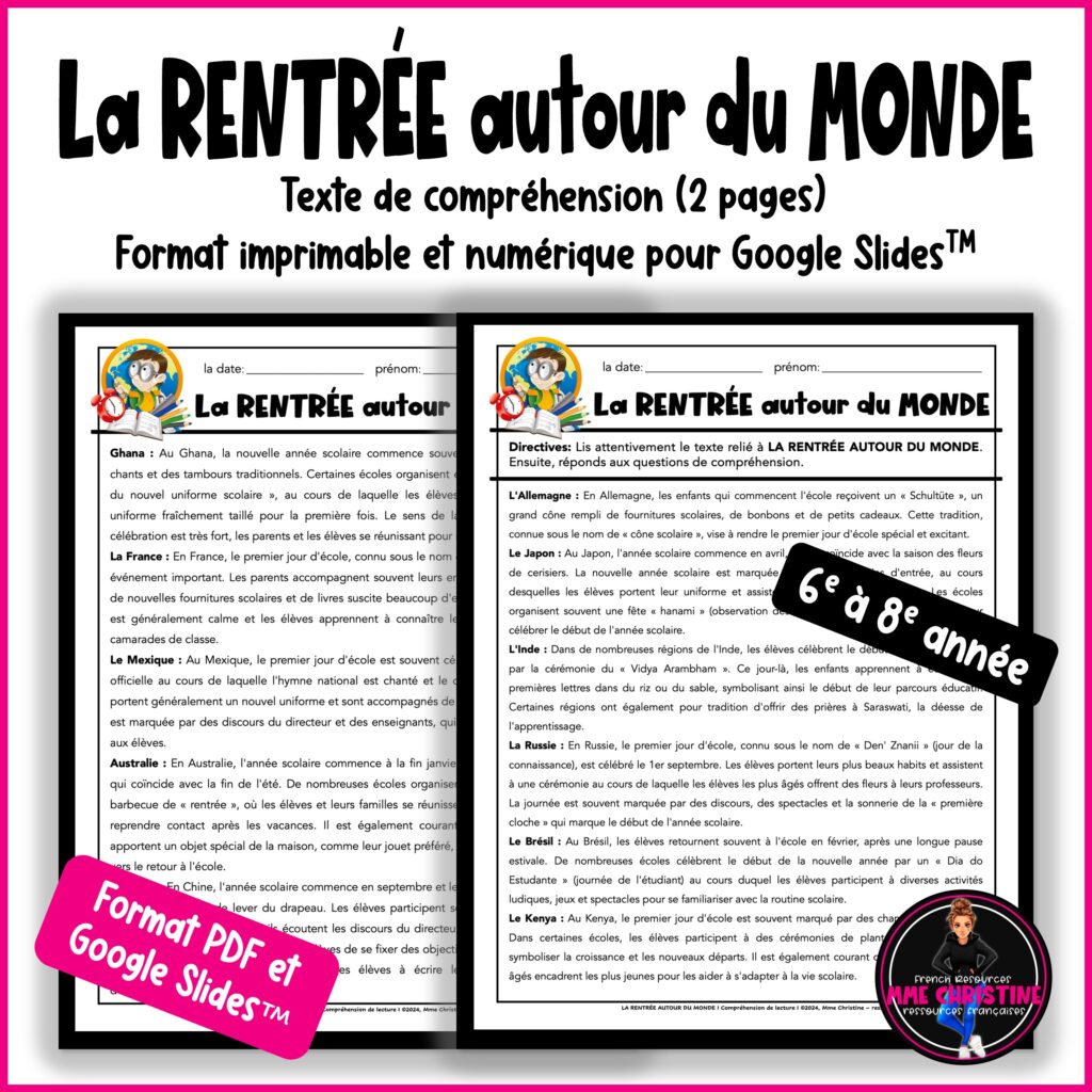 Compréhension de lecture - La RENTRÉE autour du MONDE - French Reading ...