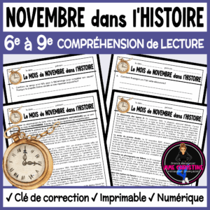 French Reading Comprehension Activity | November in History | Compréhension de lecture | FI & FSL