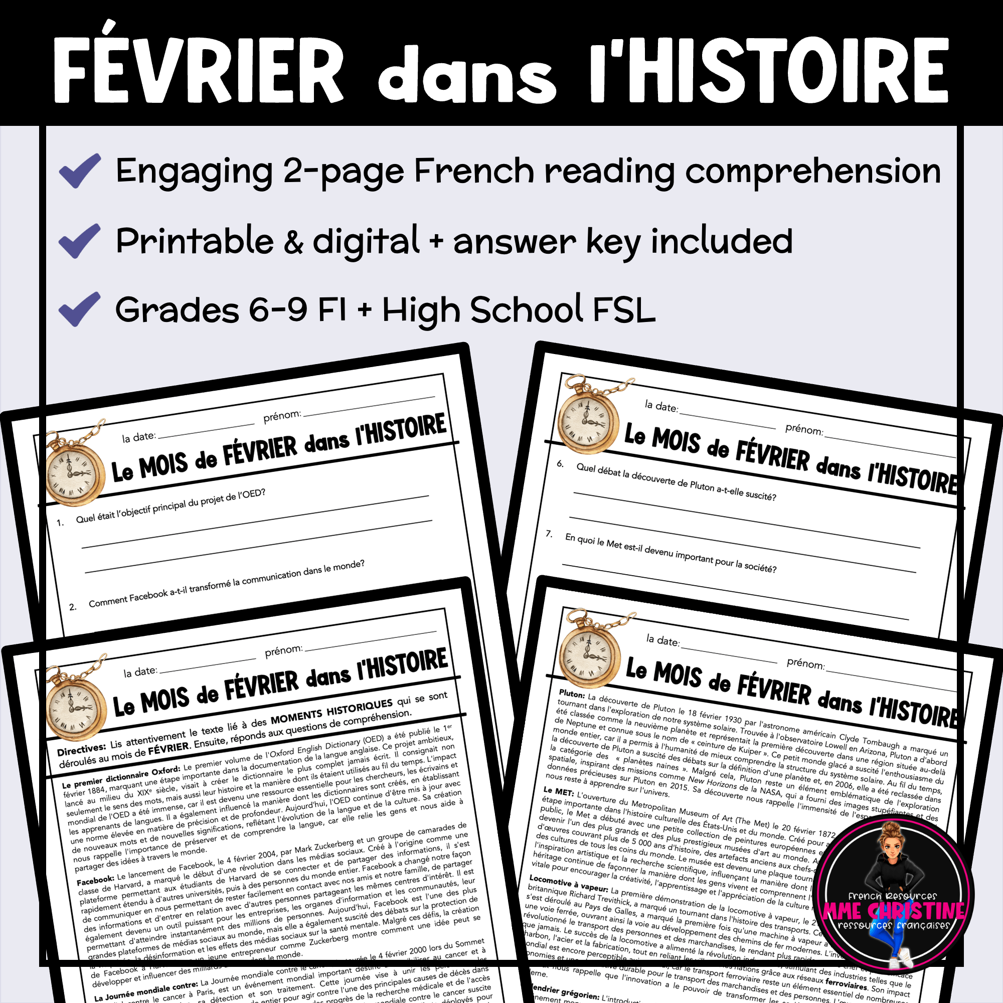 French Reading Comprehension Activity | February in History | Compréhension de lecture | FI & FSL - Image 3