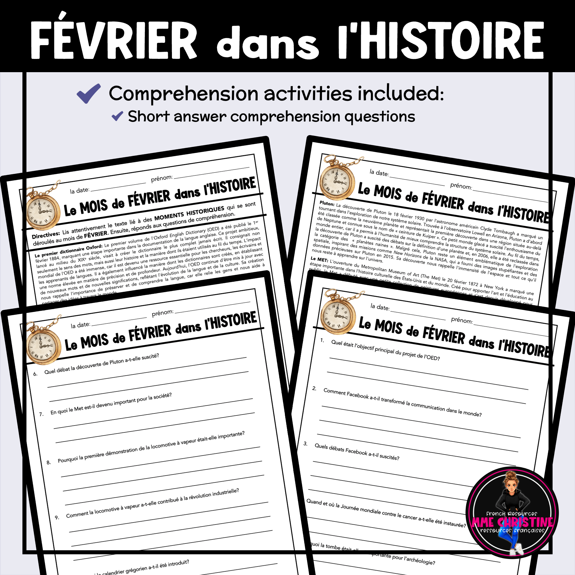 French Reading Comprehension Activity | February in History | Compréhension de lecture | FI & FSL - Image 2