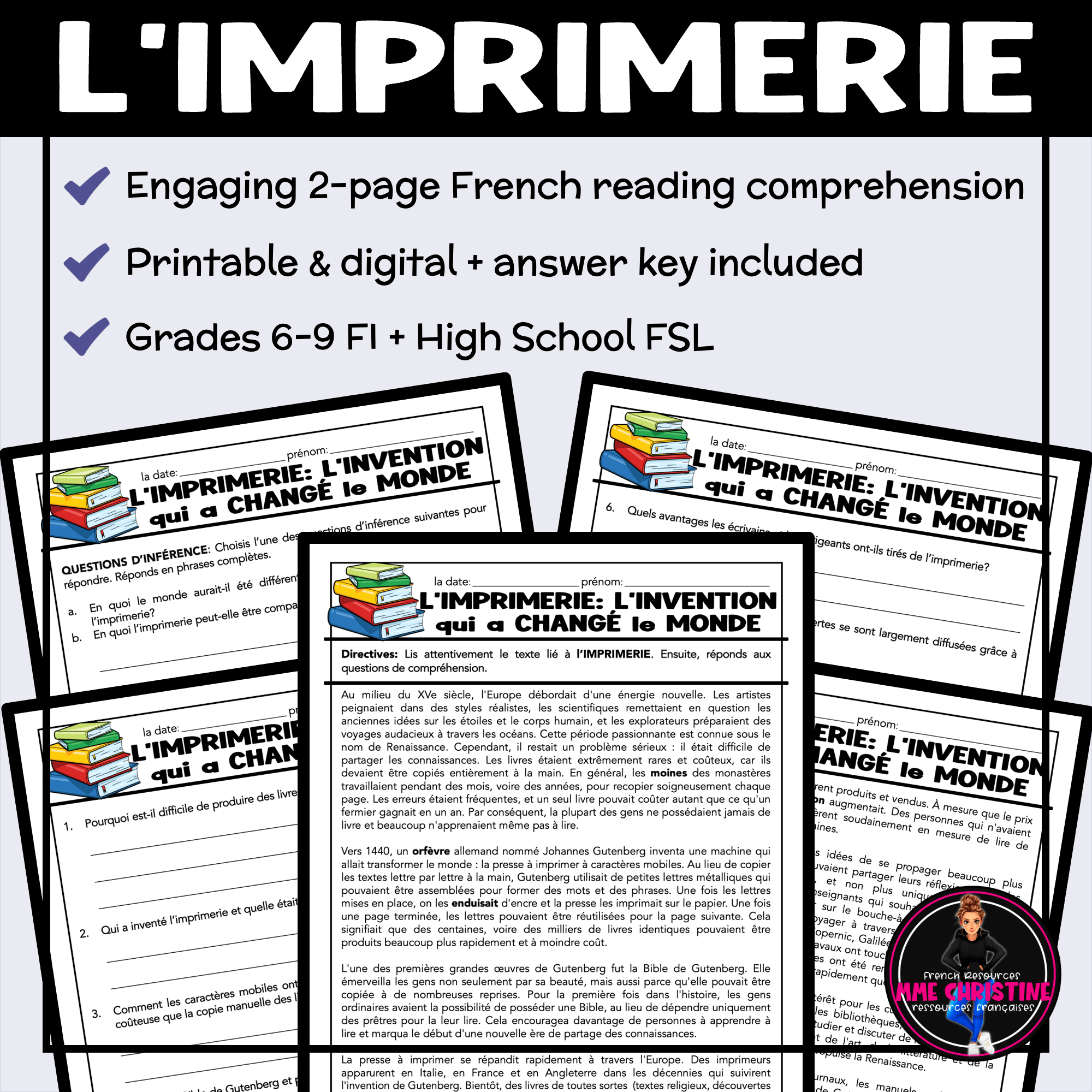 French Reading Comprehension Activity | The Printing Press | Compréhension de lecture | FI & FSL - Image 2