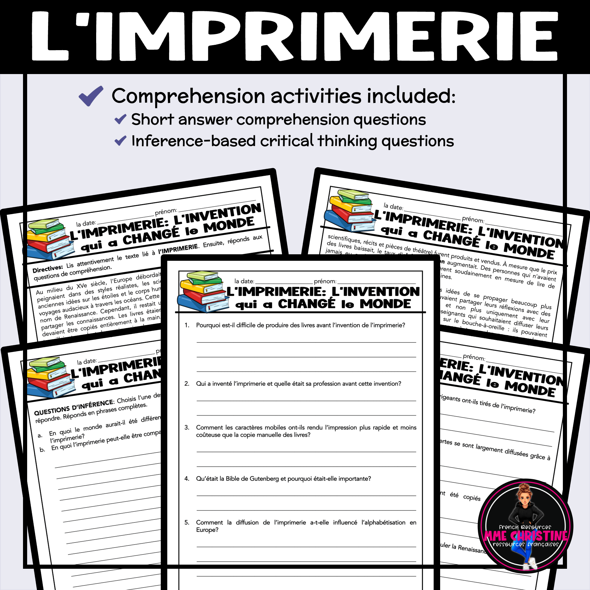 French Reading Comprehension Activity | The Printing Press | Compréhension de lecture | FI & FSL - Image 3