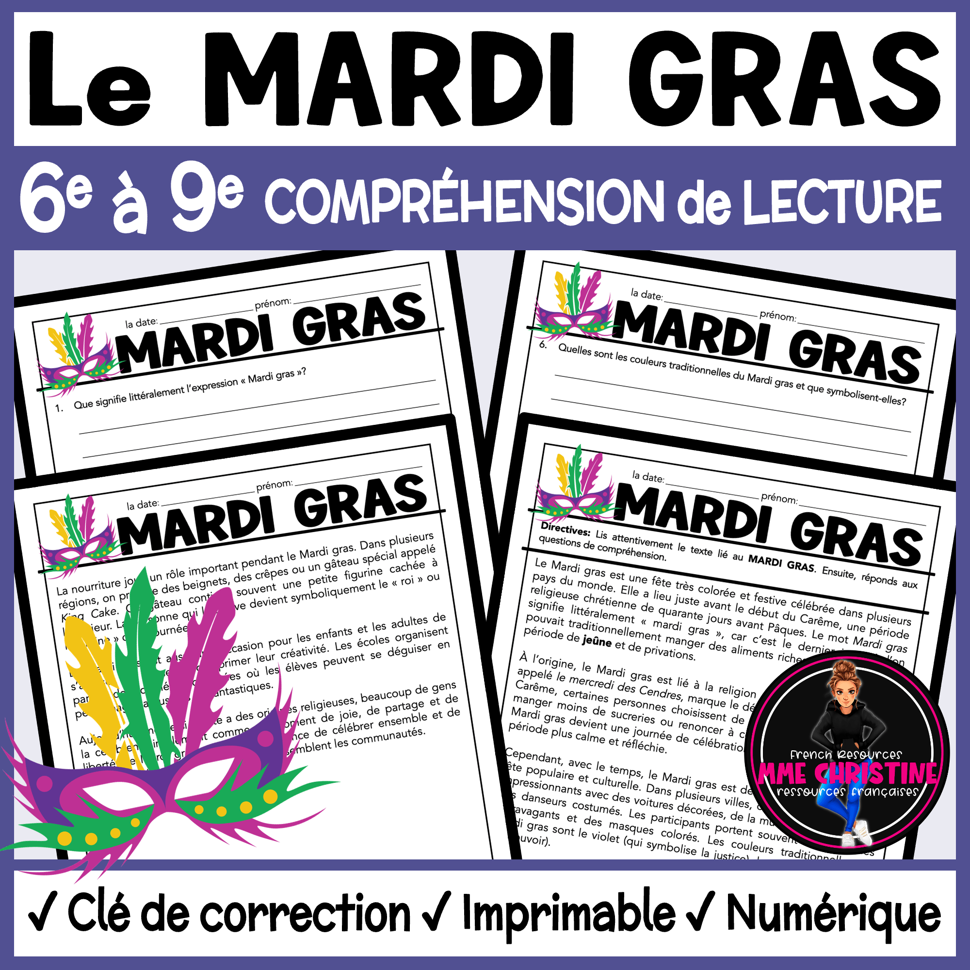 French Reading Comprehension Activity | Mardi Gras | Compréhension de lecture | FI & FSL