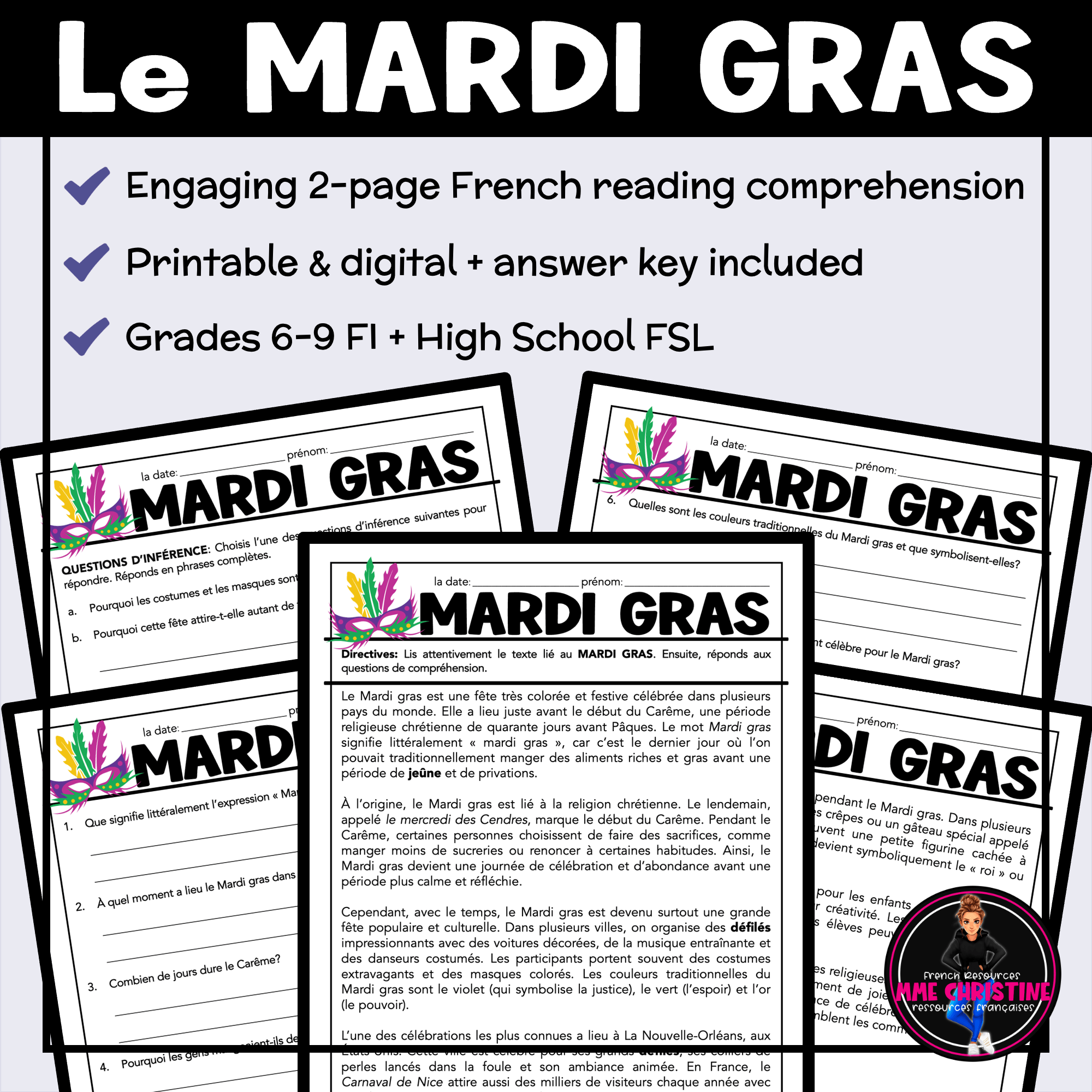 French Reading Comprehension Activity | Mardi Gras | Compréhension de lecture | FI & FSL - Image 3
