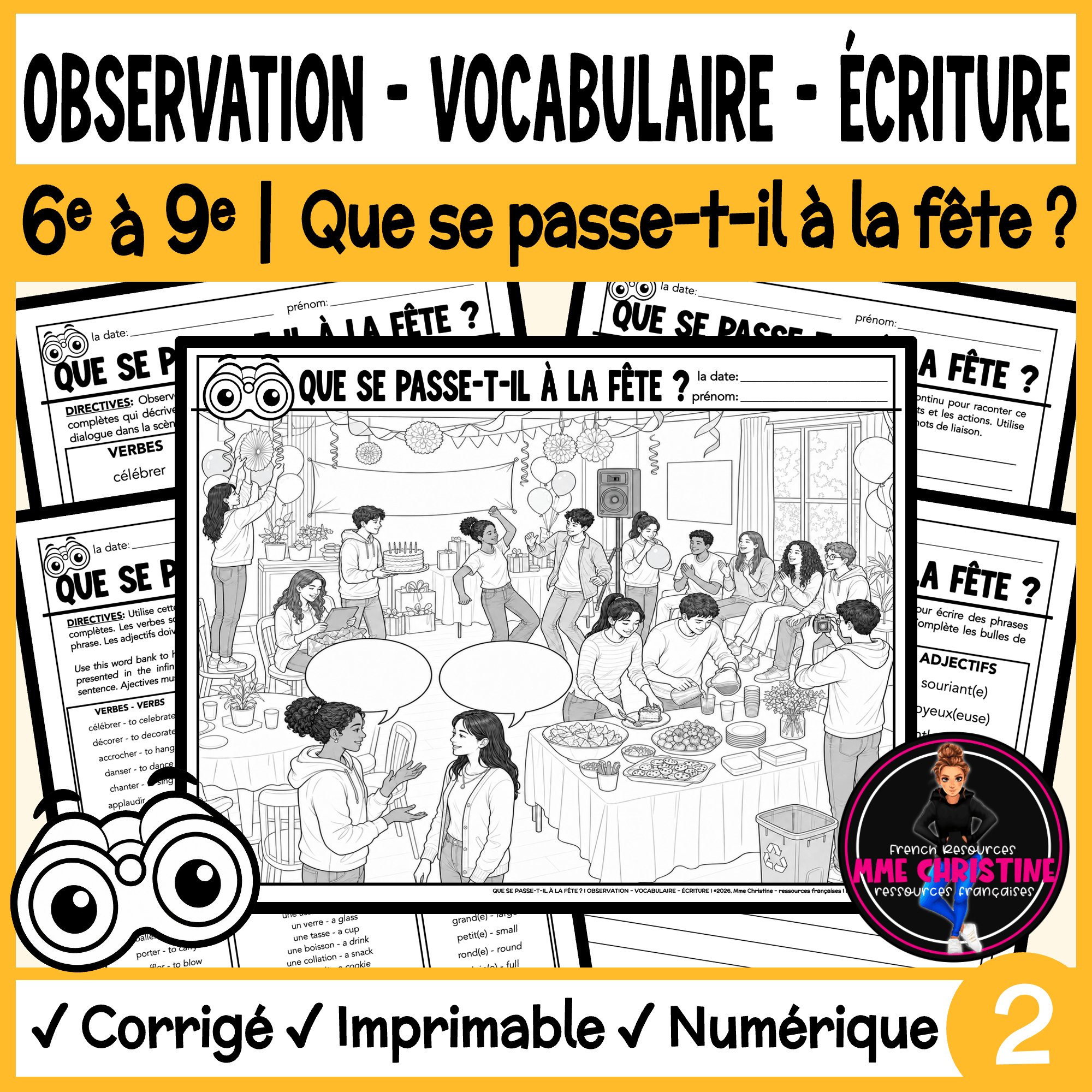 French Party Observation, Vocabulary and Writing Activity | Grades 6–9
