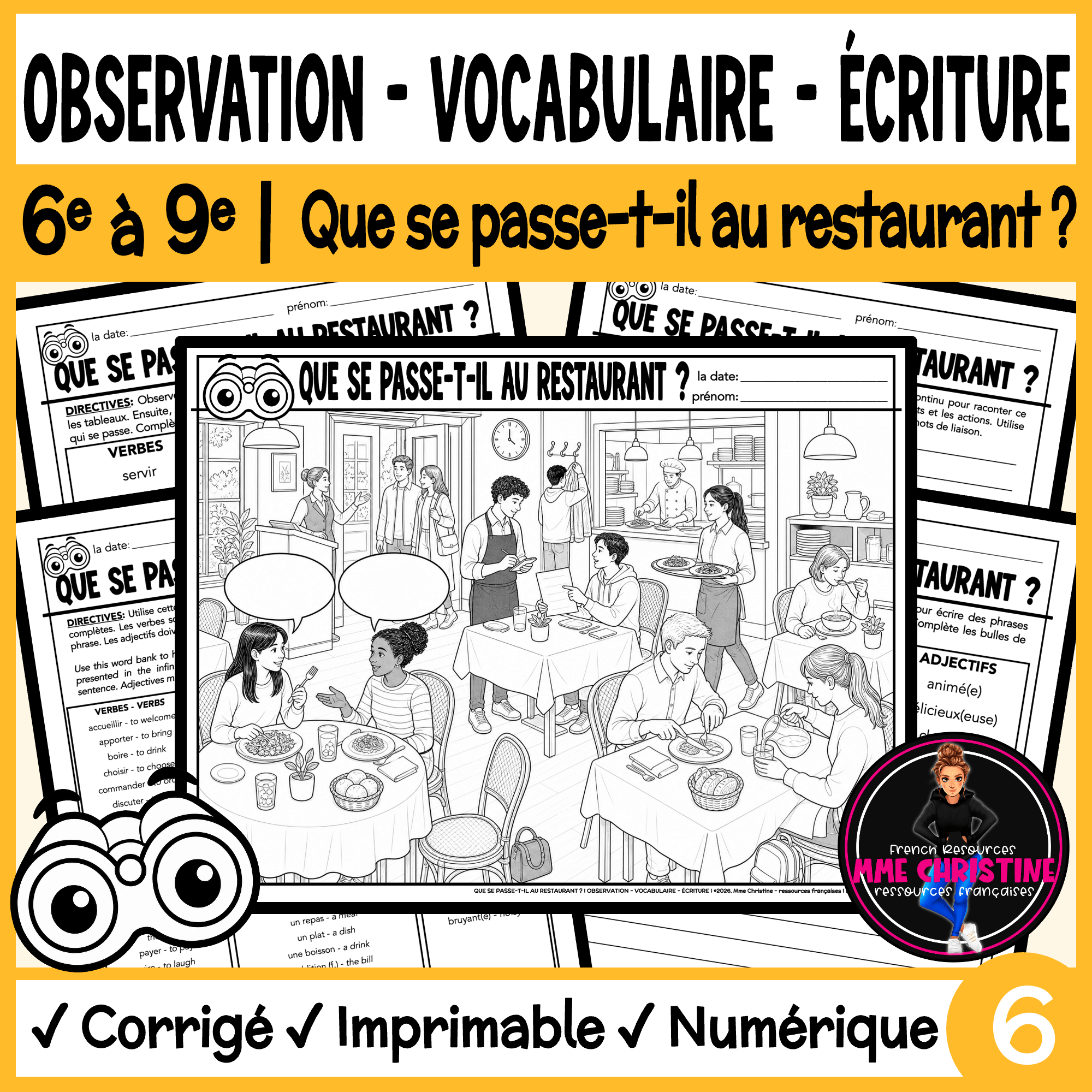 French Restaurant Observation, Vocabulary and Writing Activity | Grades 6–9