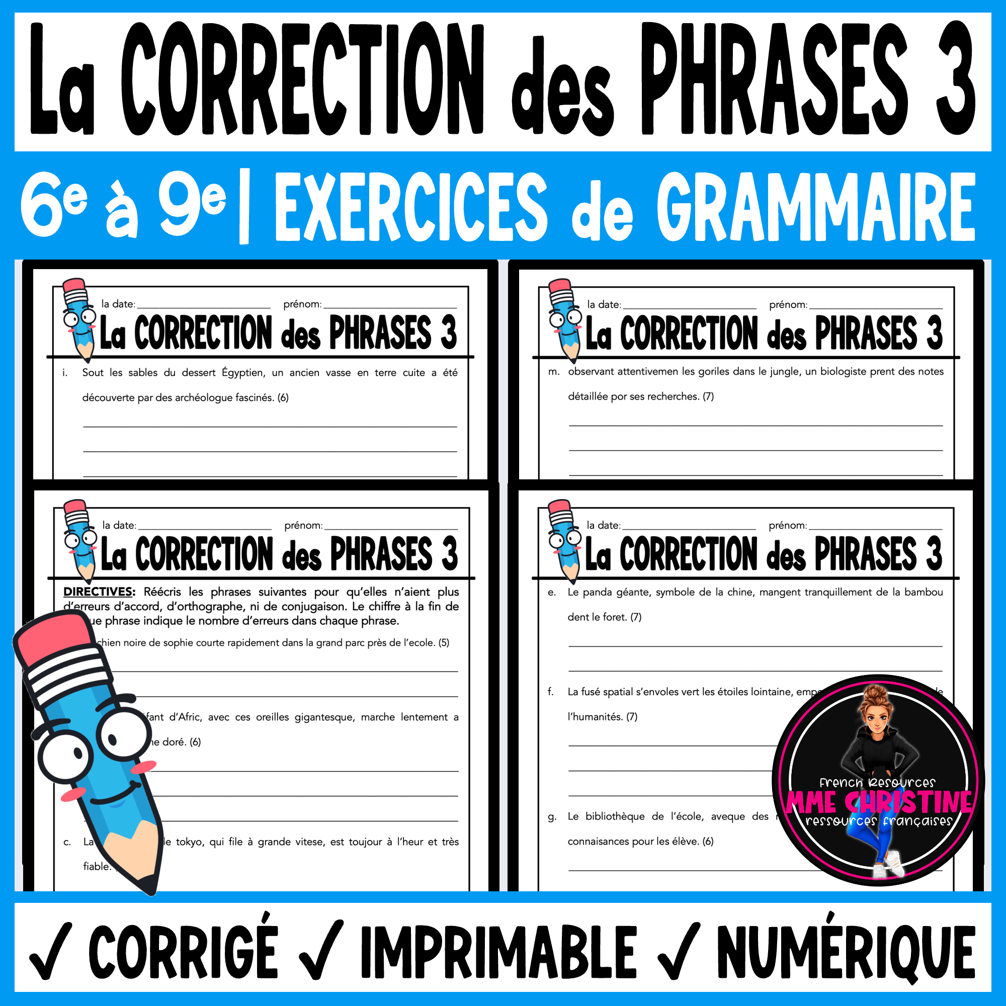 French Sentence Correction Worksheets | Grammar & Spelling | La corrections des phrases 3