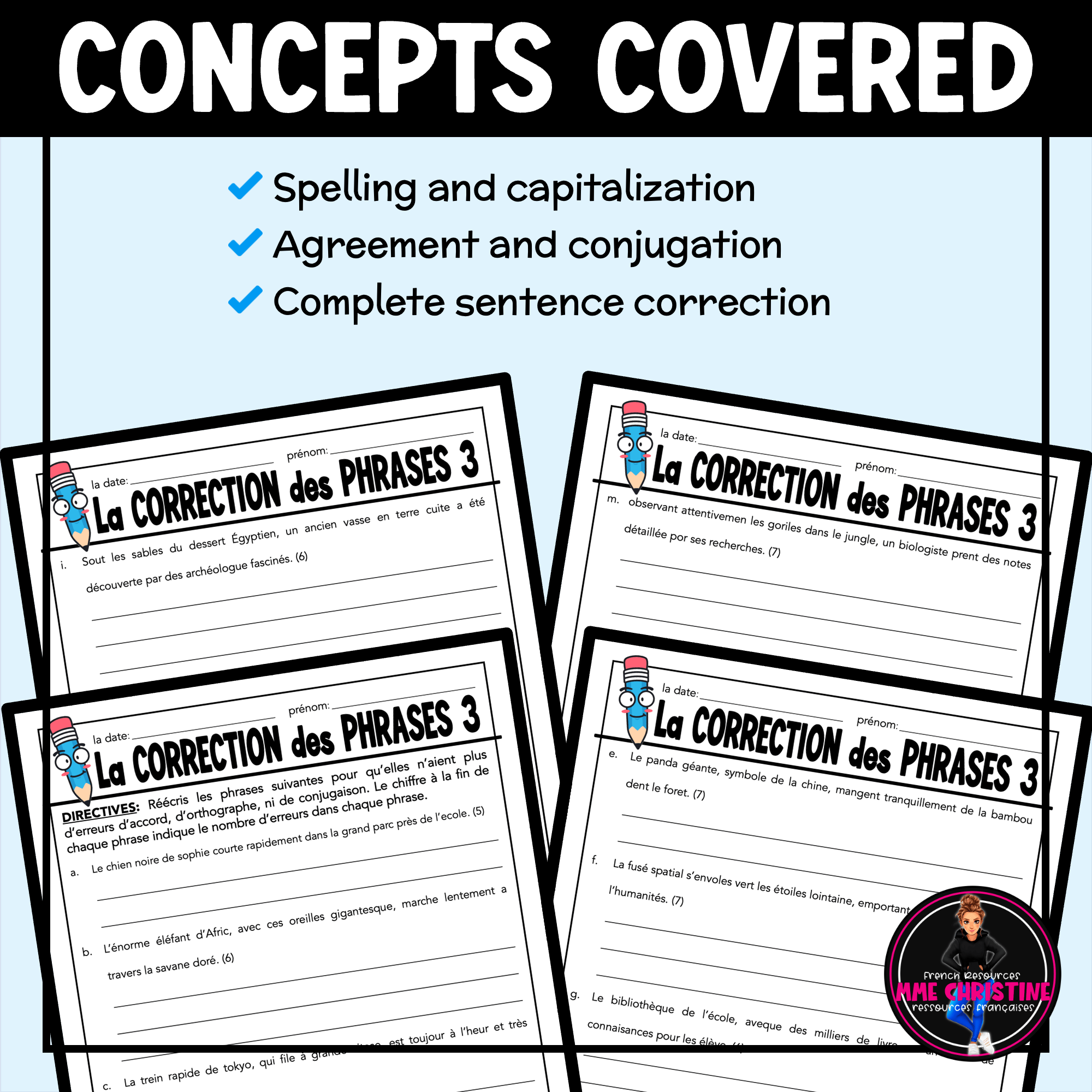 French Sentence Correction Worksheets | Grammar & Spelling | La corrections des phrases 3 - Image 3